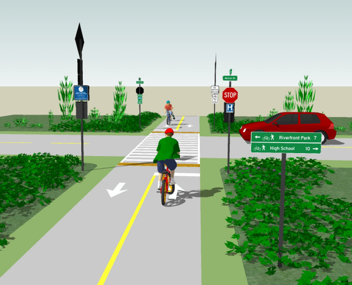 Sketchup model depicting signage where a trail intersects a roadway