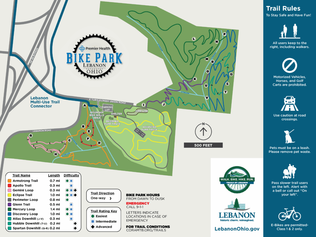 Backside of Lebanon Paved Multi-use Trail Map depicting the Premier Health Bike Park and trail rules
