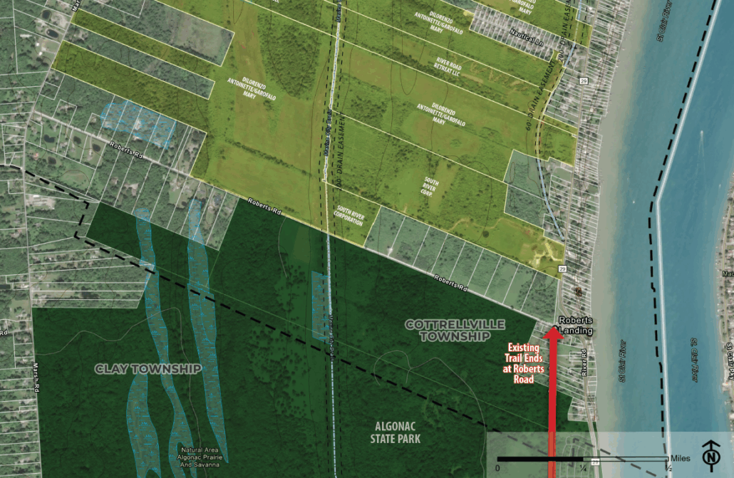 Map depicting air photo view of the Bridge to Bay Trail near Algonac State Park with parcel data included