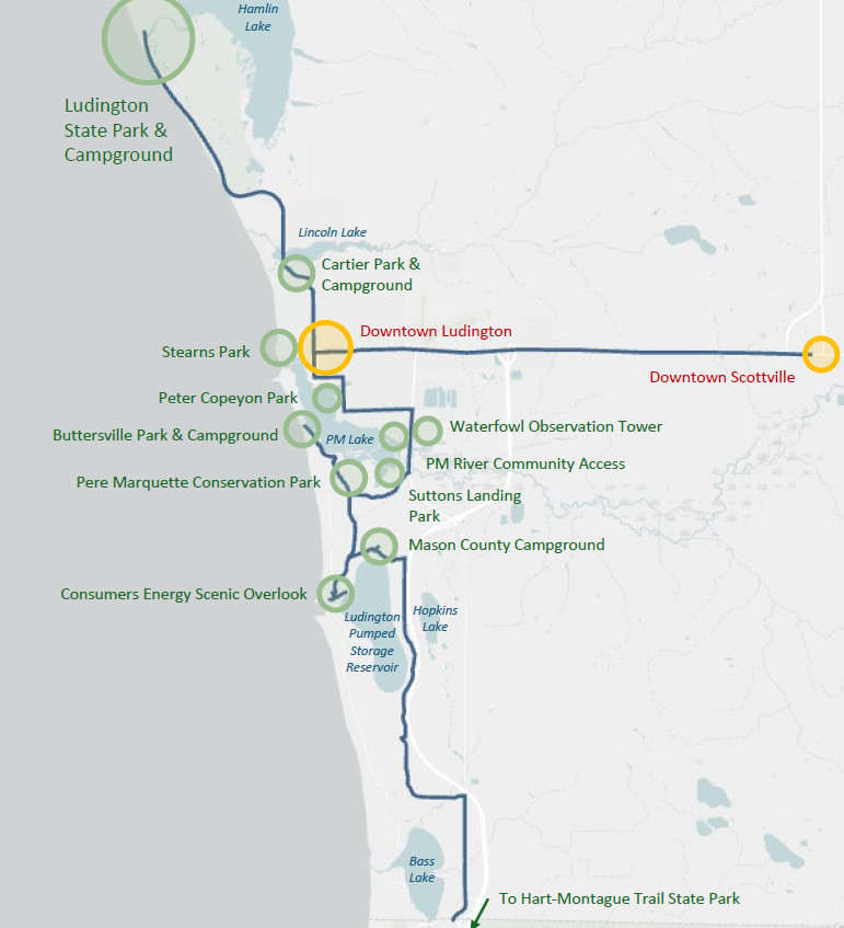 Map depicting Mason County Trail Routes
