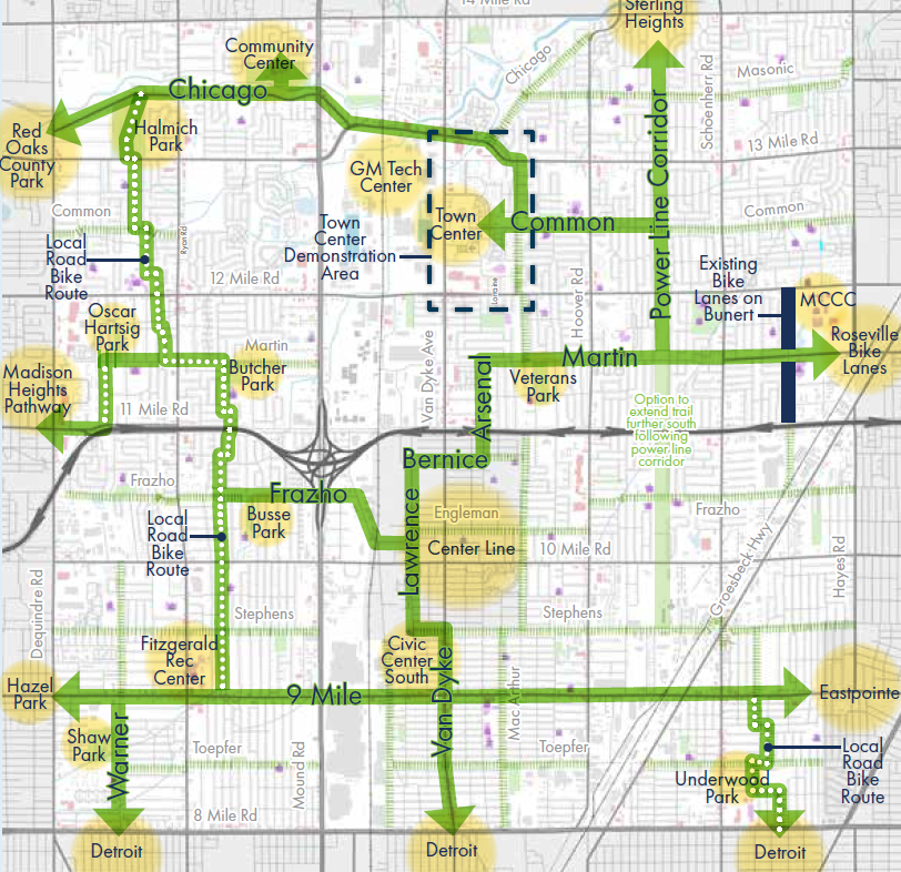 Map depicting proposed core network for Warren Active Mobility Plan